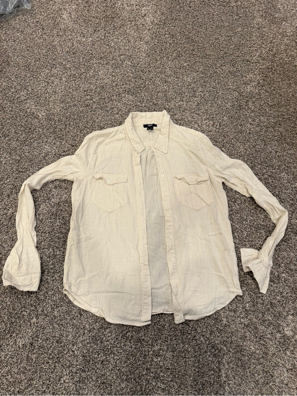 PAIGE Light Cream Silver Striped Long-Sleeve Button-Down Shirt with Chest Pocket